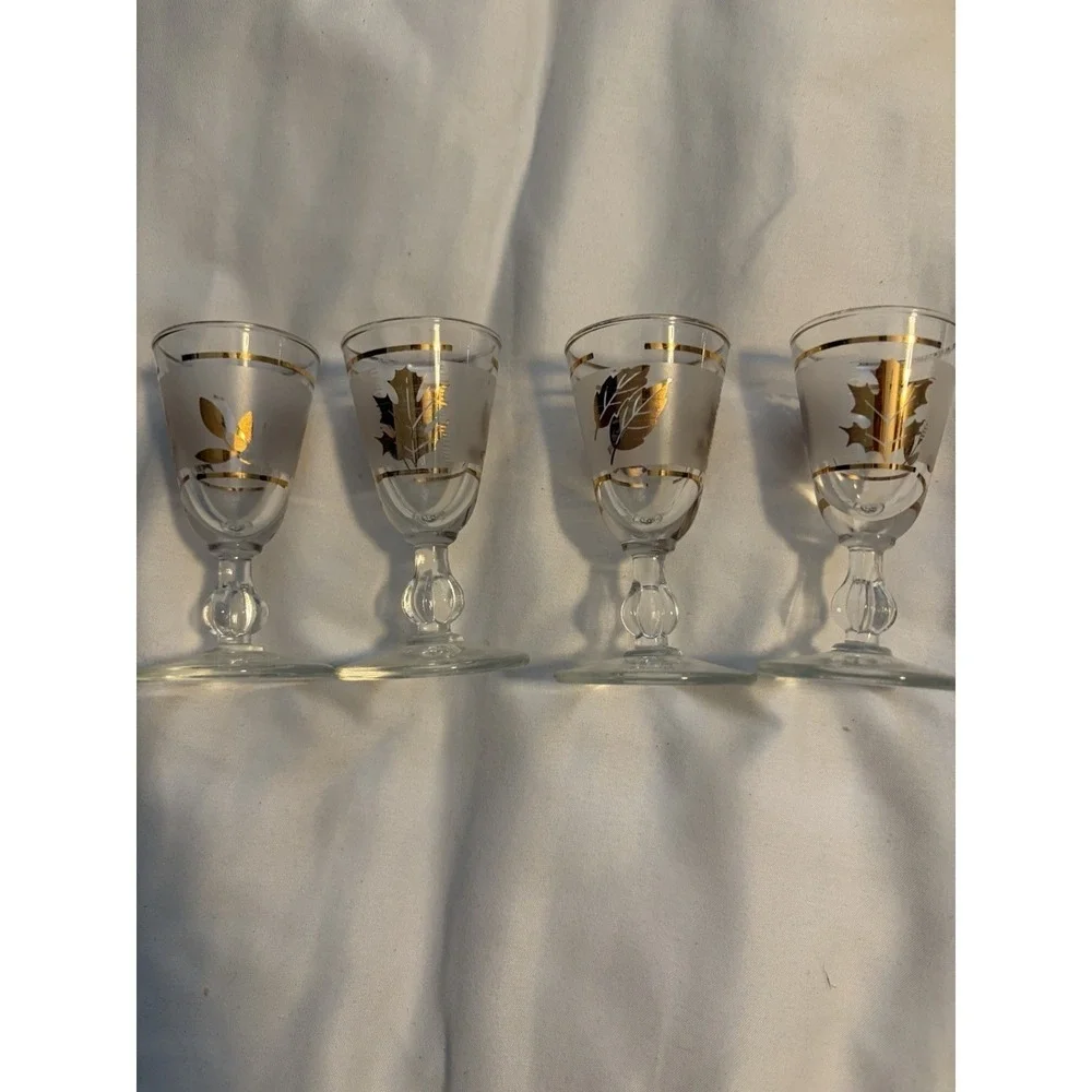 Libbey Shot Glasses Vintage Frosted Gold Leaf Design Clear Set of‎ 4